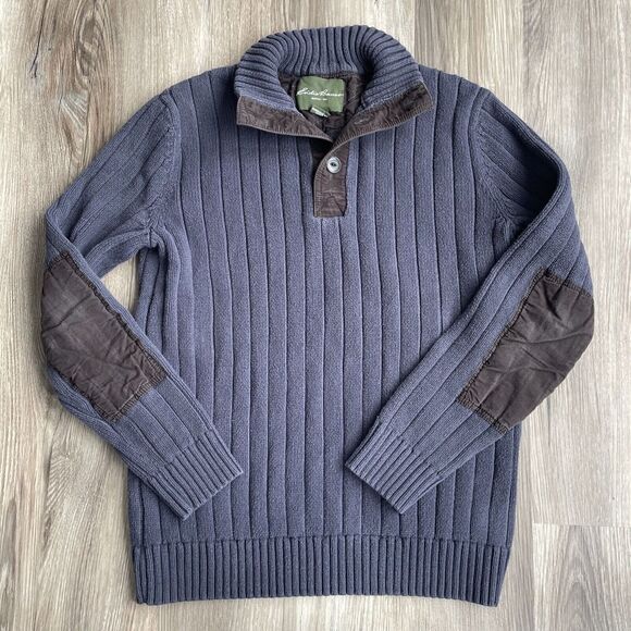 Eddie Bauer‎ Fatigue Sweater 1/4 Button Ribbed Cotton Gray Blue Men's Large Tall - Picture 1 of 8